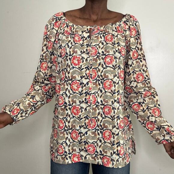 VINTAGE | 1978 SEARS Print Boho Peasant Cotton Poly Tunic Blouse Size 16 - Picture 2 of 10